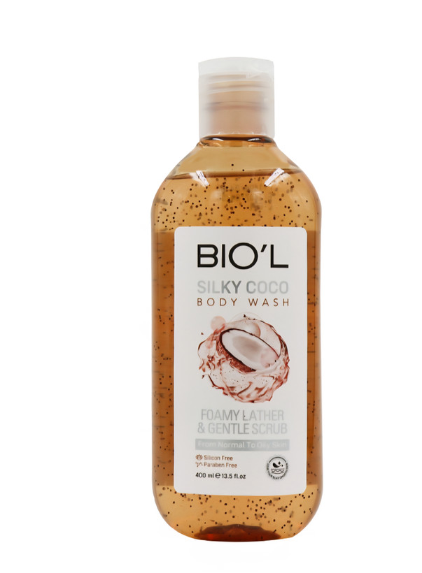 شامپو بدن ژلی سیلکی کوکو بیول حاوی اسکراب ومواد آبرسان مناسب پوستهای نرمال تاچرب
