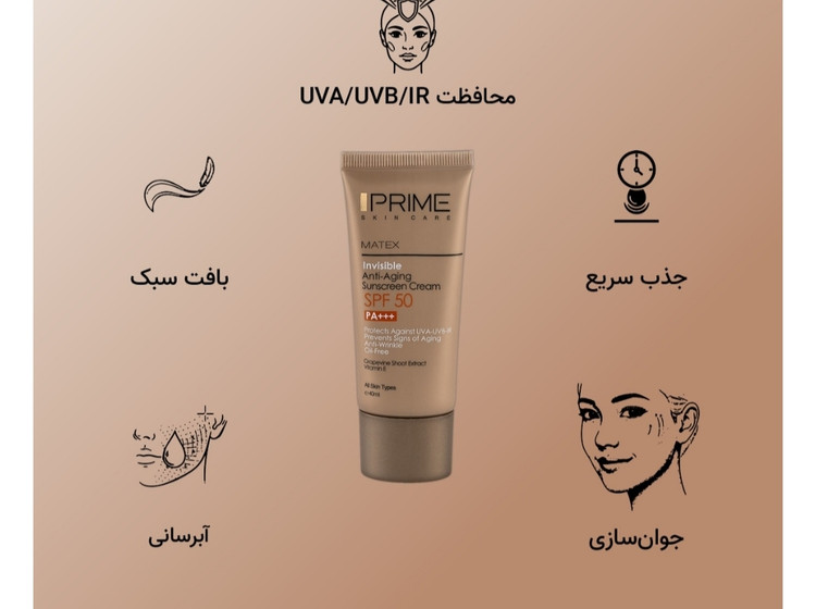 کرم ضدآفتاب جوان کننده پرایم ،SPF50,فاقد چربی ,فاقد رنگ